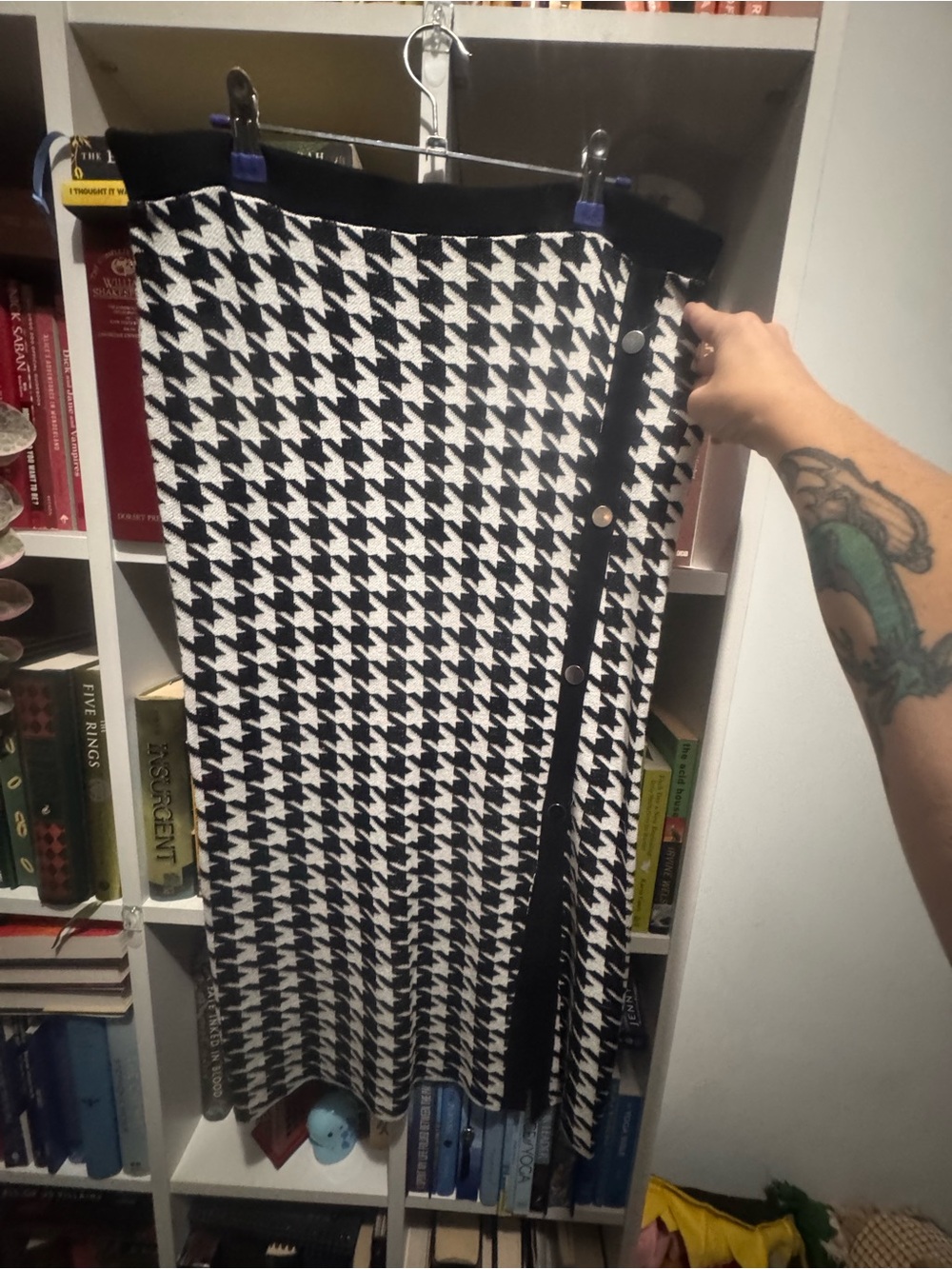 Black & White Houndstooth Midi Skirt with Button Trim
